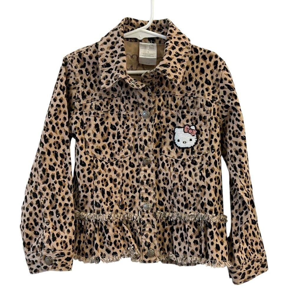 HELLO KITTY 365 KIDS LEOPARD PRINT DENIM JACKET SEQUIN PATCH GIRLS SIZE 5